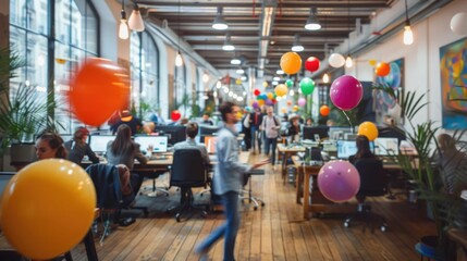 Tech startup office in full swing, where employees in smart-casual attire engage in animated brainstorming sessions. An artful blur of vibrant, popping balloons - obrazy, fototapety, plakaty