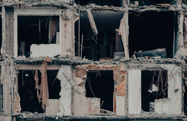 destroyed and burned houses in the city during the war in Ukraine