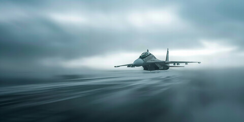 Majestic Fighter Jet Soaring Through Misty Skies - Dynamic Aviation Banner - obrazy, fototapety, plakaty