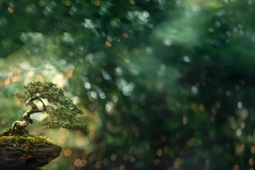 Rolgordijnen bonsaï d'un épicéa, dans son pot, au sol recouvert de mousse devant un fond représentant une végétation dense verte floutée avec espace négatif copy space © Noble Nature