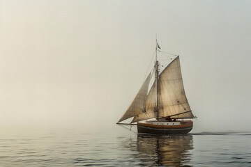 Elegant Sailboat Glides on Misty Water at Dawn Banner