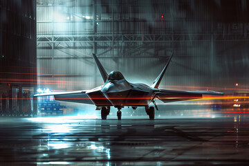 Futuristic Stealth Fighter Jet Ready on Hangar Floor Illuminated Banner - obrazy, fototapety, plakaty