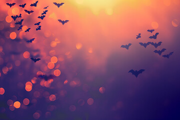 halloween, chauve-souris noires volant sur un fond festif violet et orange avec espace négatif copy space