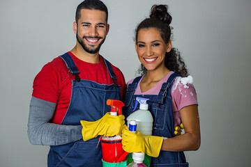 An attractive man and woman holding cleaning supplies
