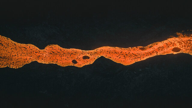 Aerial view of a lava river during the eruption in Iceland.