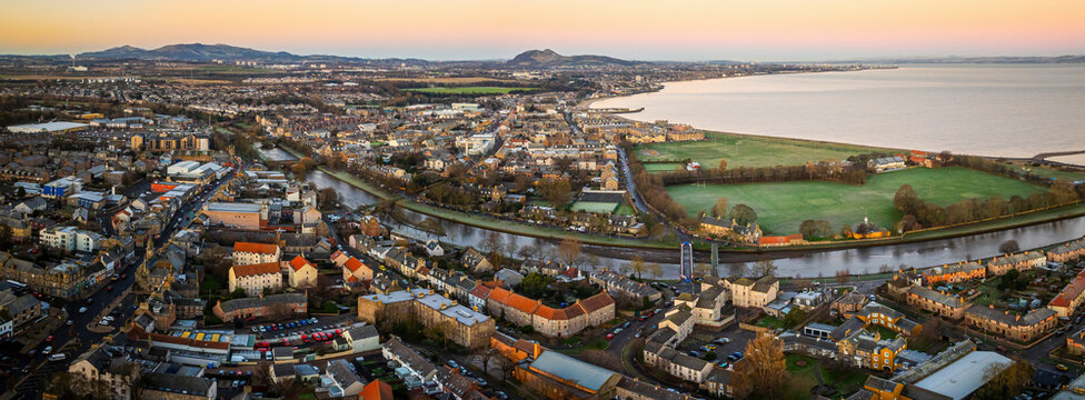 Aerial view of Musselburgh skyline and river Esk, Scotland, United Kingdom.