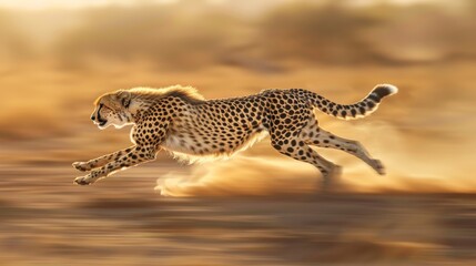 Cheetah in full sprint across the savannah, with a dynamic motion blur background and warm sunlight.