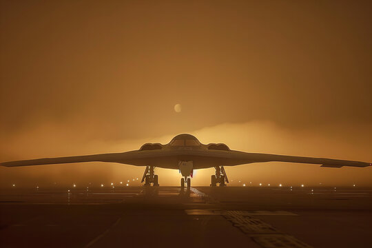 Majestic Stealth Bomber Awaiting Mission on Foggy Runway - Nighttime Banner
