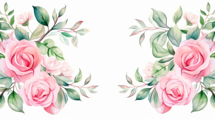 Two vibrant pink roses with lush green leaves are elegantly. The roses showcase delicate petals and intricate details, while the leaves provide. beauty of these classic flowers. Banner. Copy space - obrazy, fototapety, plakaty