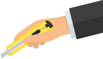 A hand holds a yellow cutter on a white background in flat design style