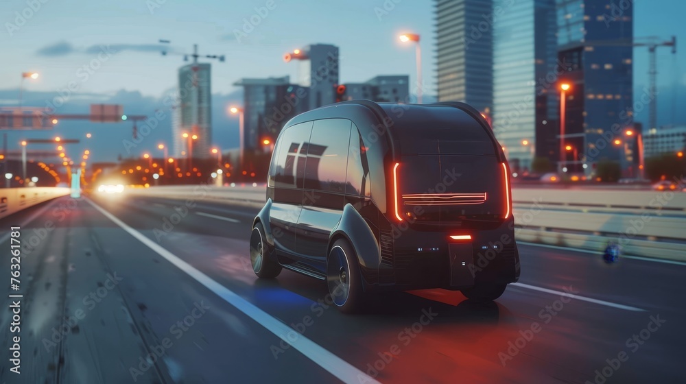 Poster incomplete aerial drone follows concept car. incomplete aerial drone follows autonomous self-driving