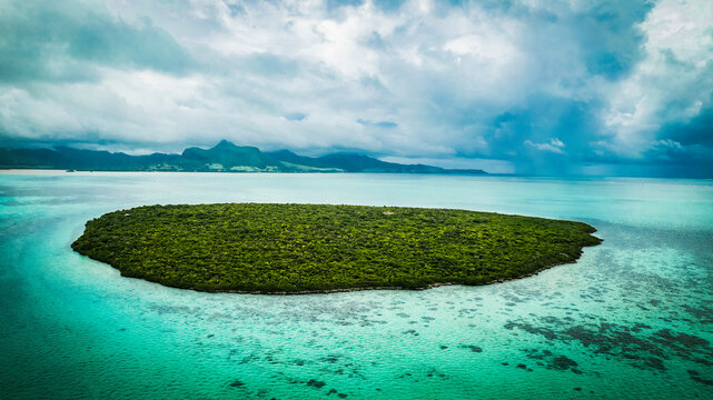 Aerial view of Ile aux Aigrettes island, Grand Port District, Mauritius.