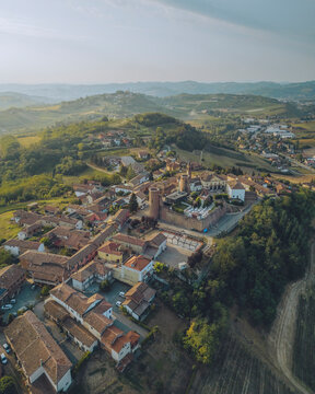 Aerial view of beautiful Asti countryside, Moasca village and historical buildings, Piedmont, Italy.