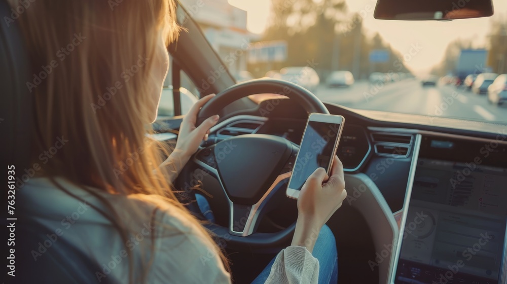 Poster using smart phone in autonomous vehicle. self-driving vehicle. autopilot. automotive technology.