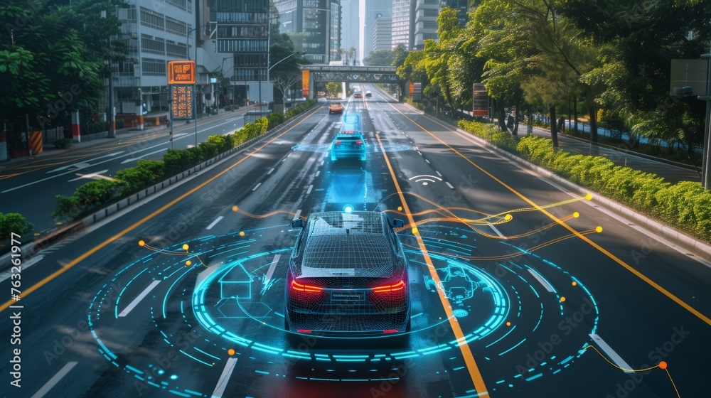 Aufkleber the picture below shows a smart car with a heads-up display (hud) and an autonomous self-driving mod