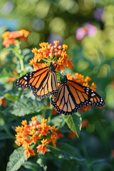 two monarch butterflys feeding on a flower plant at the Flower Garden