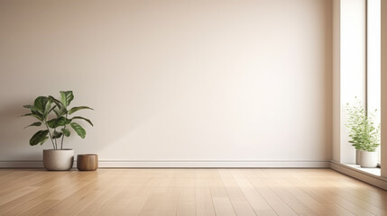 A large empty room with a white wall and a window. A potted plant sits in the corner of the room