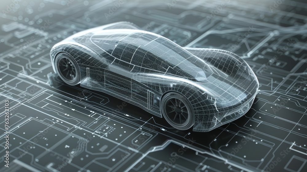 Poster 3d illustration of a futuristic car with a digital user interface environment.