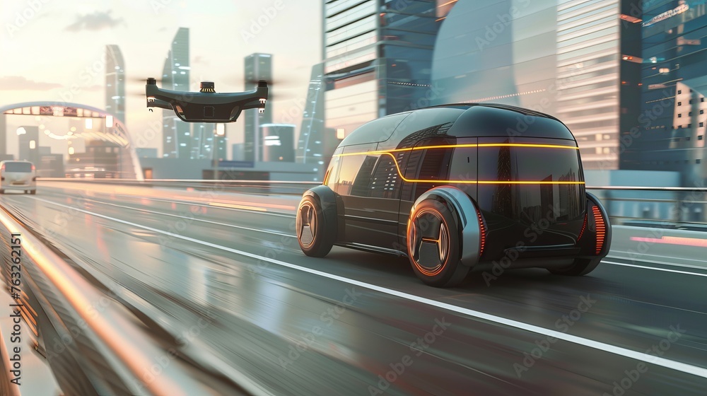 Poster aerial drone follows a futuristic 3d concept car across a city highway. ai sensors scan for speed li