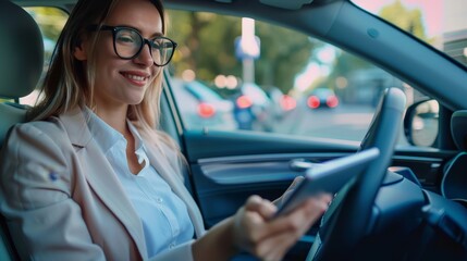 In an autonomous driving car, a smiley businesswoman is using a tablet PC
