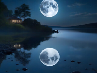 Fototapeta na wymiar Full moon reflection over the lake