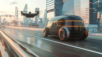 Aerial drone follows a futuristic 3D concept car across a city highway. AI sensors scan for speed limits, cars, and pedestrians ahead. The camera moves backwards.