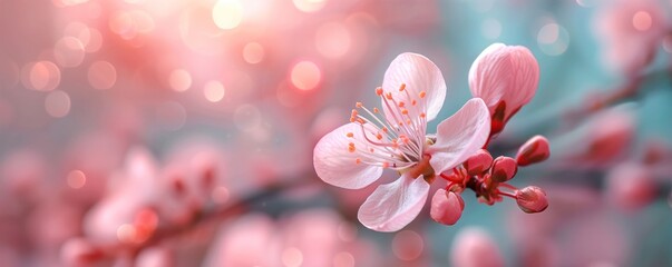Closeup panoramic view of beautiful blossoming Sakura.
