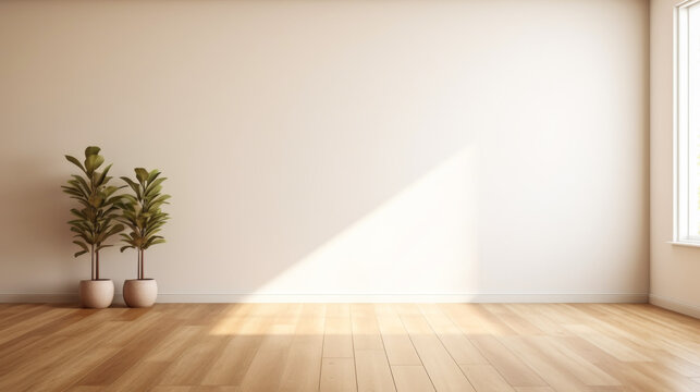 A large empty room with a white wall and two potted plants. The plants are placed on either side of the room, with one on the left and the other on the right. The room has a minimalist and clean look