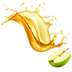 A half of an apple and a splash of golden apple juice on an isolated background
