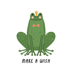 Awesome big cute green frog in crown, children's birthday party. Birthday card with nice animal.