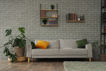 Interior of living room with sofa and bookshelves