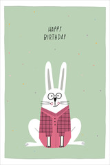 Birthday card.  Awesome cute bunny in shirt children's birthday party. Card with nice animals and lettering.
