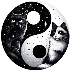 Black and white Cats Yin Yang fantasy - obrazy, fototapety, plakaty