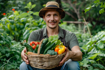 Portrait of a happy young farmer holding fresh vegetables in a basket. On a background of nature The concept of biological, bio products, bio ecology, grown by own hands, vegetarians, salads healthy