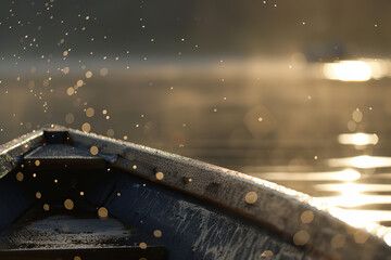 Mystical Sunrise Journey in a Frosted Boat Adorned with Glistening Water Droplets Banner