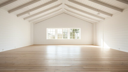 A large, empty room with a lot of windows. The room is very open and airy, with a lot of natural light coming in through the windows