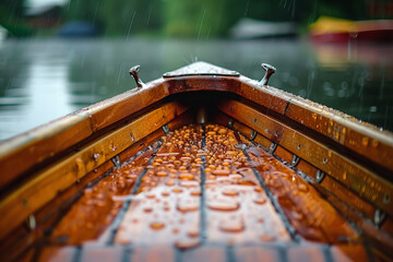 Tranquil Raindrops Dancing on a Wooden Boat Banner