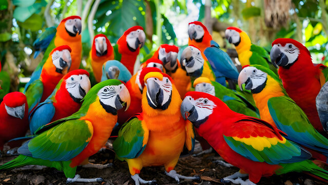 group of beautiful parrots on a jungle background