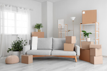 Cardboard boxes and furniture prepared for house moving in light living room