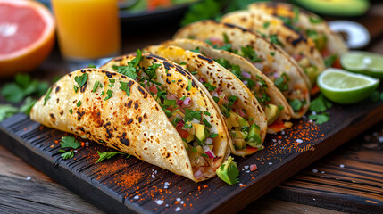 6 Grilled tacos on a wooden board with lettuce, avocado