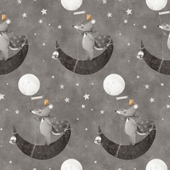 A cute mouse in a raincoat travels on the moon. Magical animal among the stars. Watercolor background. Beautiful pattern for a child's room. Dark grey background.