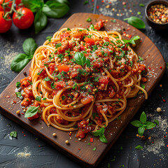 spaghetti with tomato sauce and basil on a wooden board