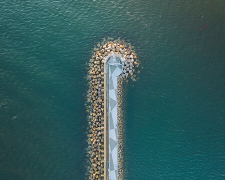 Aerial view of Baiona, Galicia with Monte Boi and Muelle de pesca, Rias Baixas, Spain.