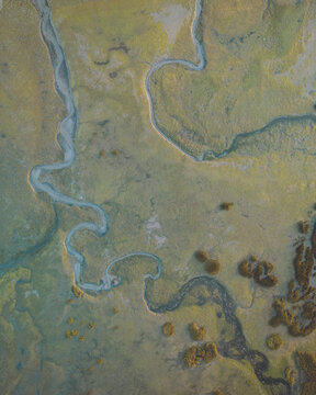 Aerial view of Baiona and Foz del Rio Minor with Laguna de la Ramallosa and Rias Baixas, Galicia, Spain.