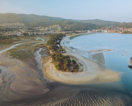Aerial view of Baiona with Foz del Rio Minor and Punta Ladeira, Rias Baixas, Spain.