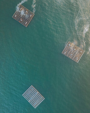 Aerial view of mussel trawlers and tanker in the beautiful Rias Baixas coast, Galicia, Spain.