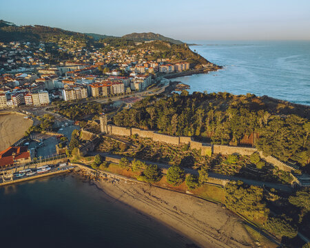 Aerial view of Baiona with Castelo de Monterreal, Galicia, Monte Boi, Rias Baixas, Spain.