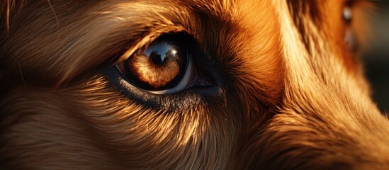 A closeup shot of a dogs eye staring directly into the camera, showcasing the intricate details of its eyelash, whiskers, and snout. The carnivores gaze is captivating and intense - obrazy, fototapety, plakaty