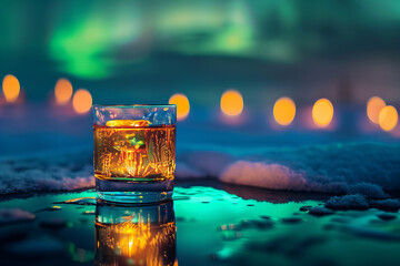 Enigmatic Northern Lights Reflections in Whiskey Glass Banner