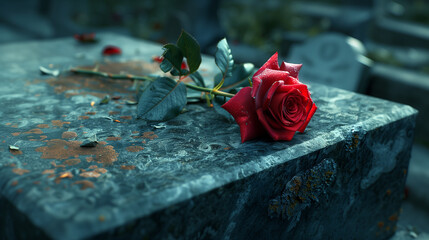 Solitary wilting red rose on a black granite grave. 